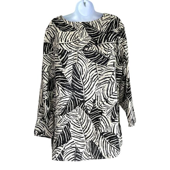 Cynthia‎ Rowley Womens Linen Button Up Tunic White Black Leaves Size 1X Beachy - Picture 2 of 6